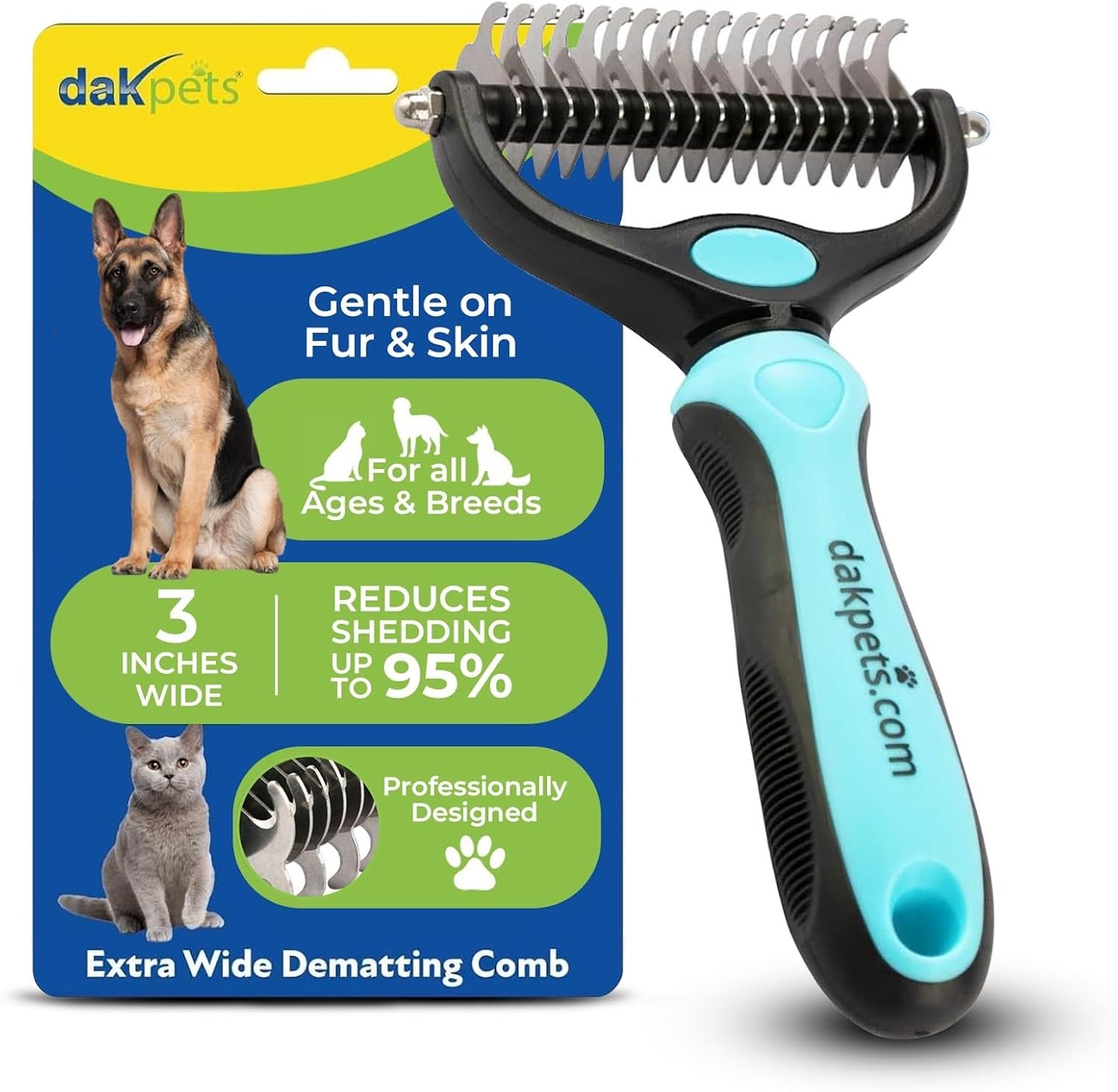 DakPets Pet Grooming Brush. Extra Wide, Double Sided Dematting Undercoat Rake for Dogs and Cats. Reduce Dog and Cat Shedding by 95%, Blue - Image 2