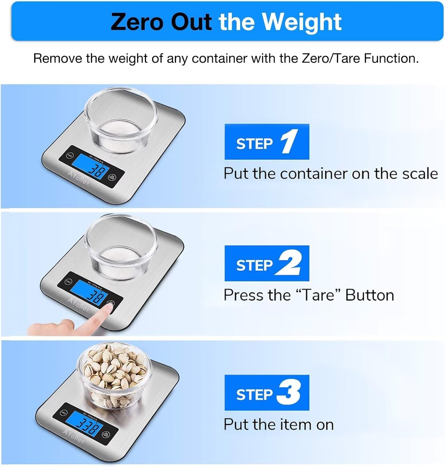 Ataller Digital Kitchen Scales, 304 Stainless Steel Food Scales, Professional Food Weighing Scales with Large LCD Display, Incredible Precision up to 1g, 10kg Maximum Weight, Silver - Image 7