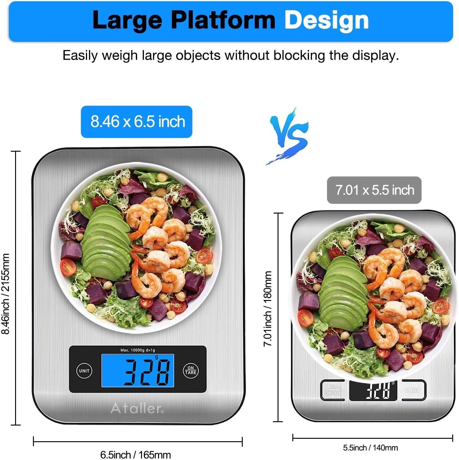 Ataller Digital Kitchen Scales, 304 Stainless Steel Food Scales, Professional Food Weighing Scales with Large LCD Display, Incredible Precision up to 1g, 10kg Maximum Weight, Silver - Image 6