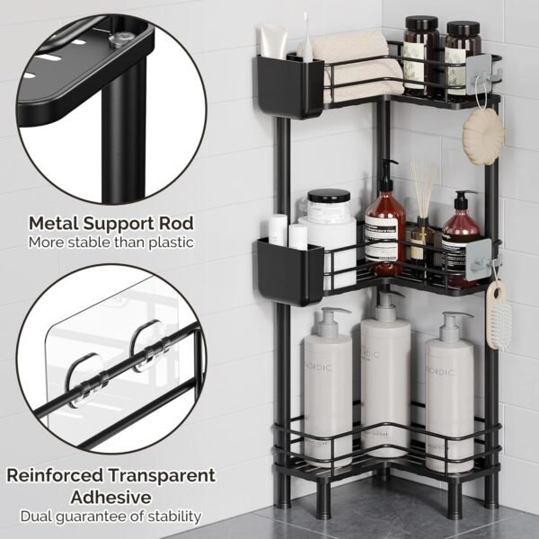 Orimade Rustproof 3 Tier Floor Standing Corner Shower Caddy Organizer with Toothbrush Holder, Large Spacing Floor Shower Shelf Rack Storage Stands with Hooks for Bathroom Kitchen, Black - Image 3