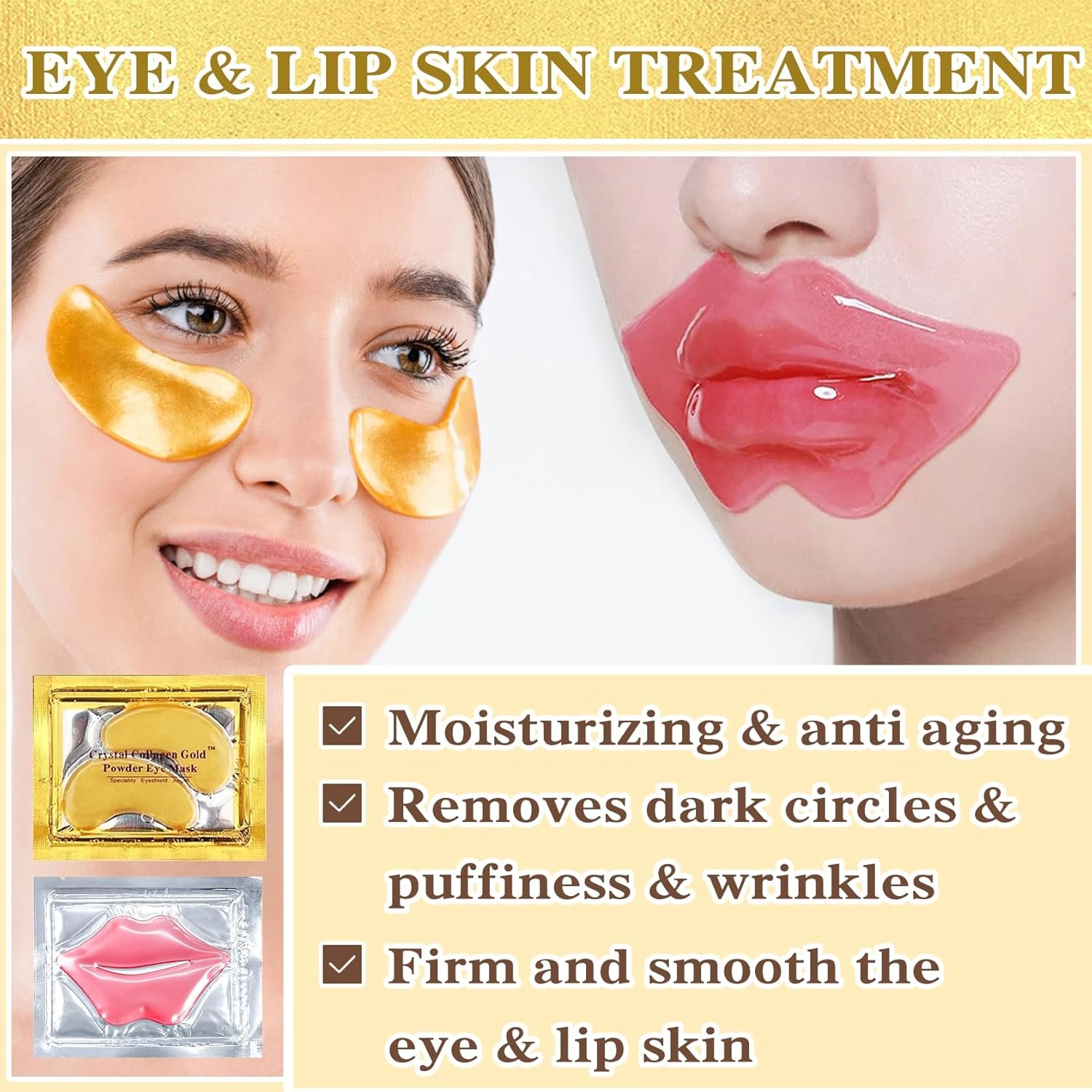 30PCS Lip Mask & Under Eye Mask, 24K Under Eye Patches for Puffy Eyes, Pink Lip Masks Skincare, Effectively Moisturizing the Lip & Eye Skin, Reducing Fine Lines & Dark Circle - Image 3
