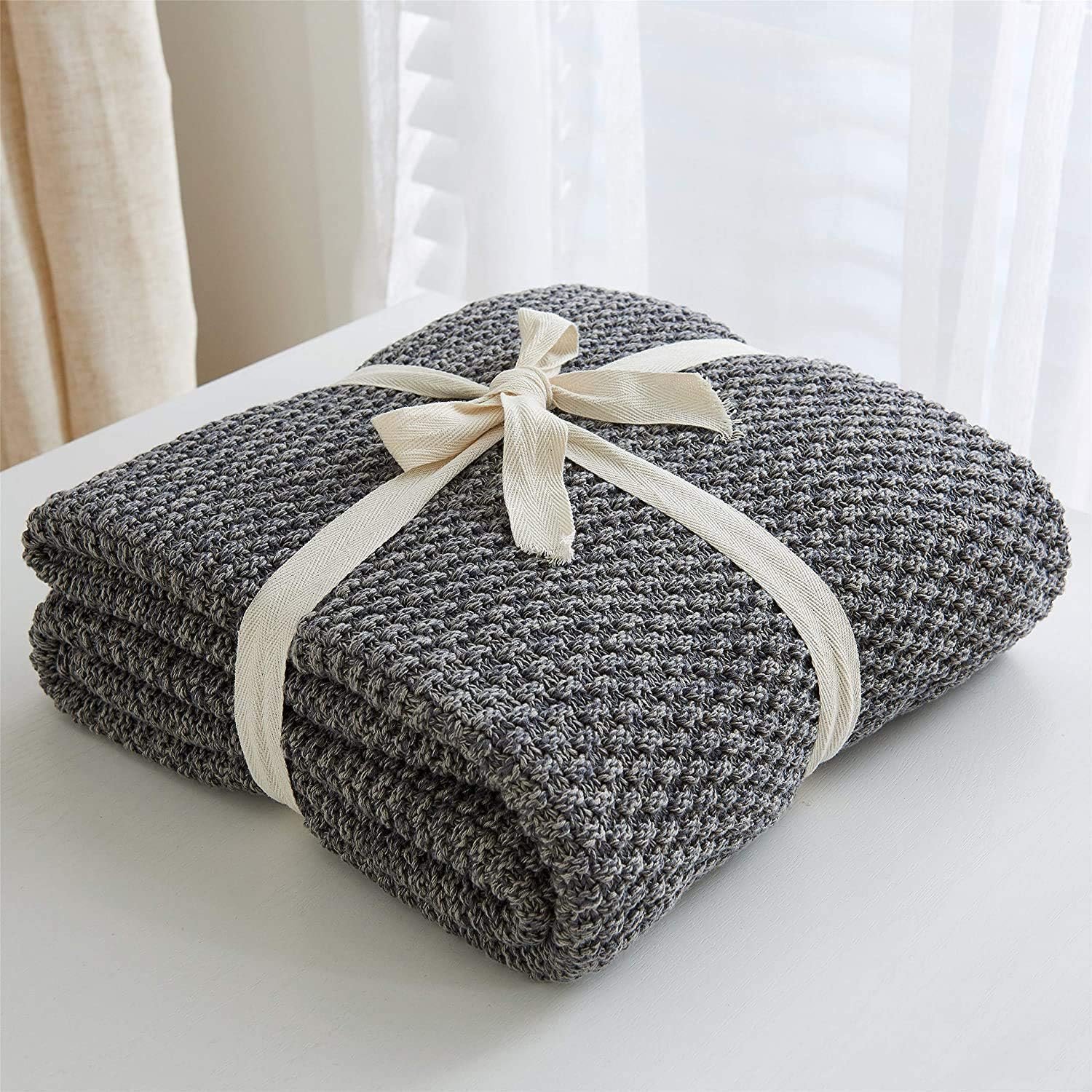 Longhui bedding Grey Knitted Throw Blanket for Couch, Soft, Cozy Machine Washable 100% Cotton Sofa Knit Blankets, Heavy 3.0lb Weight, 51 x 63 Inches, Gray and White Color,Laundry Bag Included - Image 8