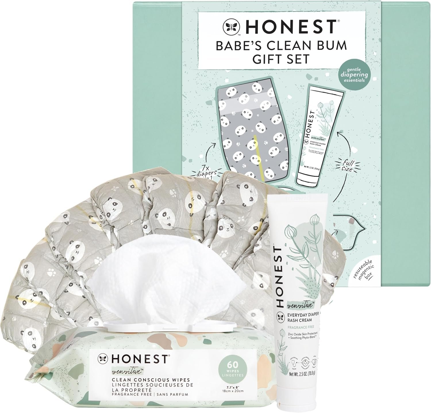 The Honest Company Babe's Clean Bum Gift Set | Diapering + Newborn Essentials | 99% Water Wipes (60 ct), Diaper Rash Cream (2.5 oz), Clean Conscious Diapers (Size 1, 7 ct) - Image 2