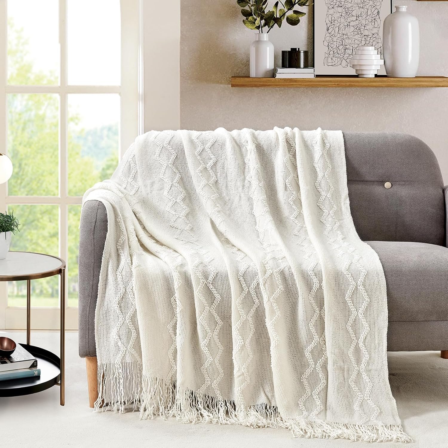 BOURINA Fluffy Chenille Knitted Fringe Throw Blanket Lightweight Soft Cozy for Bed Sofa Chair Throw Blankets, Off White 50" x 60" - Image 3