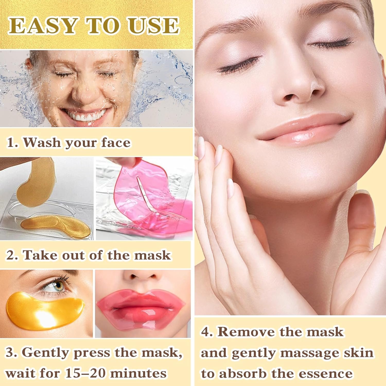 30PCS Lip Mask & Under Eye Mask, 24K Under Eye Patches for Puffy Eyes, Pink Lip Masks Skincare, Effectively Moisturizing the Lip & Eye Skin, Reducing Fine Lines & Dark Circle - Image 7