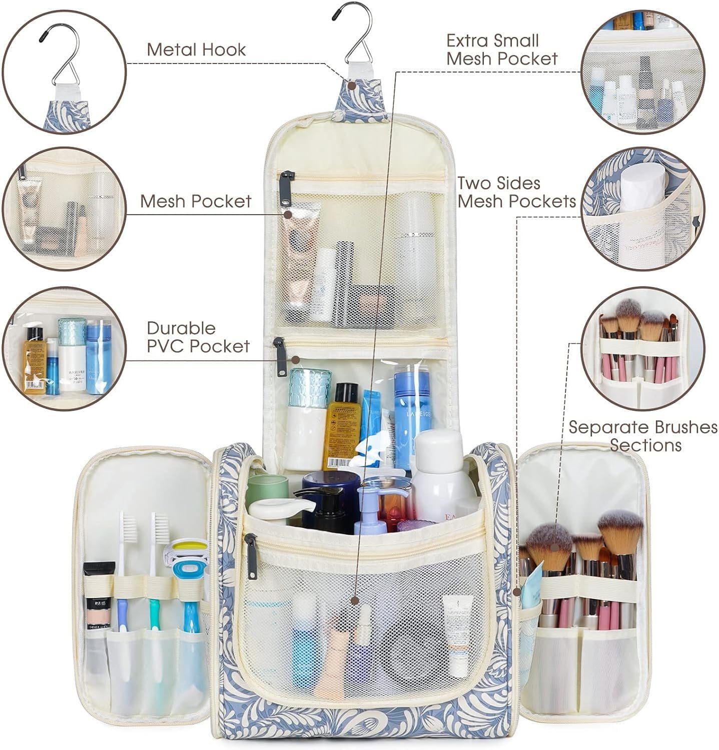 Hanging Toiletry Bag for Women Travel Makeup Bag Organizer Toiletries Bag Men for Cosmetics Essentials Accessories(Large, Blue Leaf) - Image 8