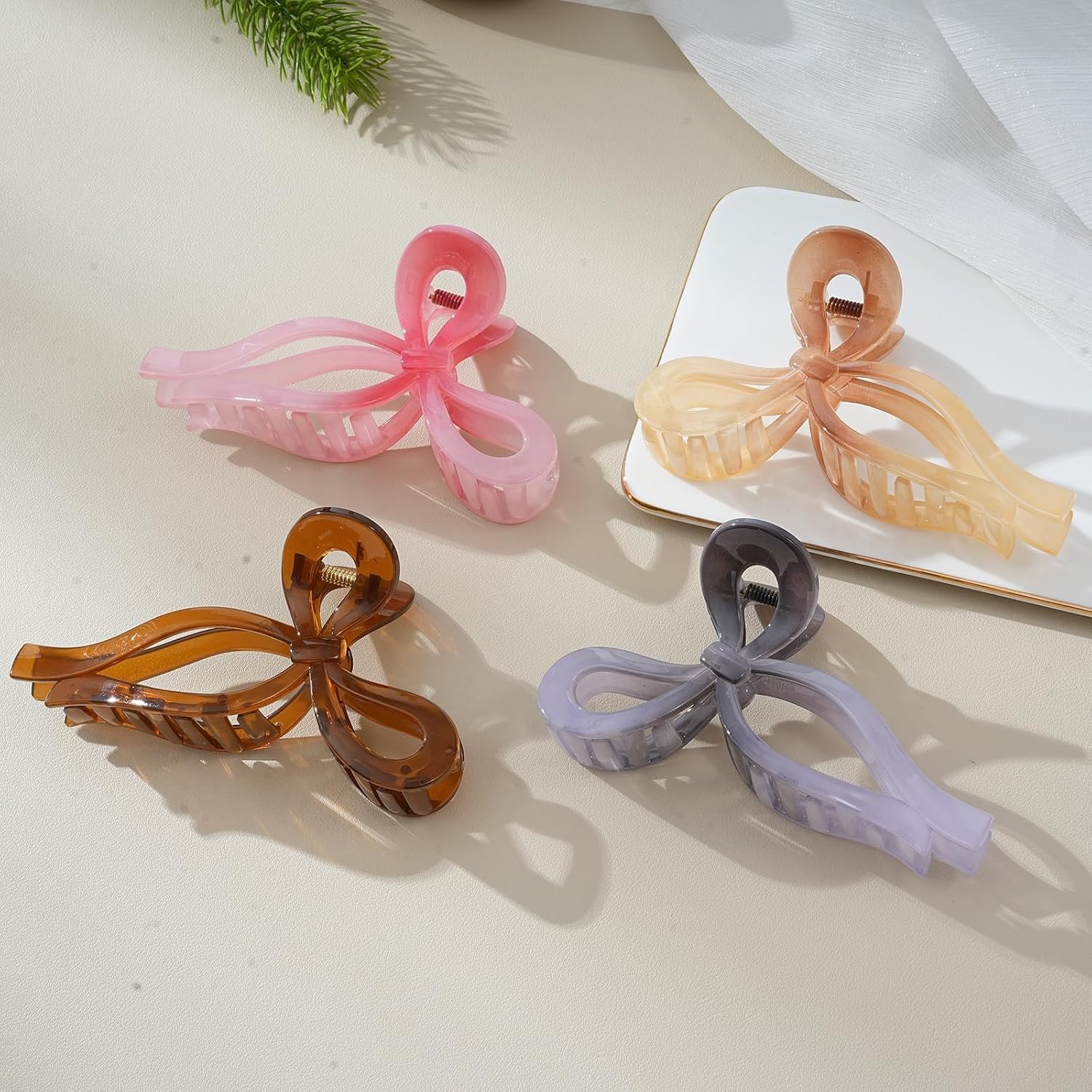 4 PCS Bow Hair Clips Bow Claw Clip for Women Nonslip Large Hair Claw Clips for Thin and Thick Hair Strong Hold Hair Bows (Light Brown+Light Pink+Khaki+Gray) - Image 8