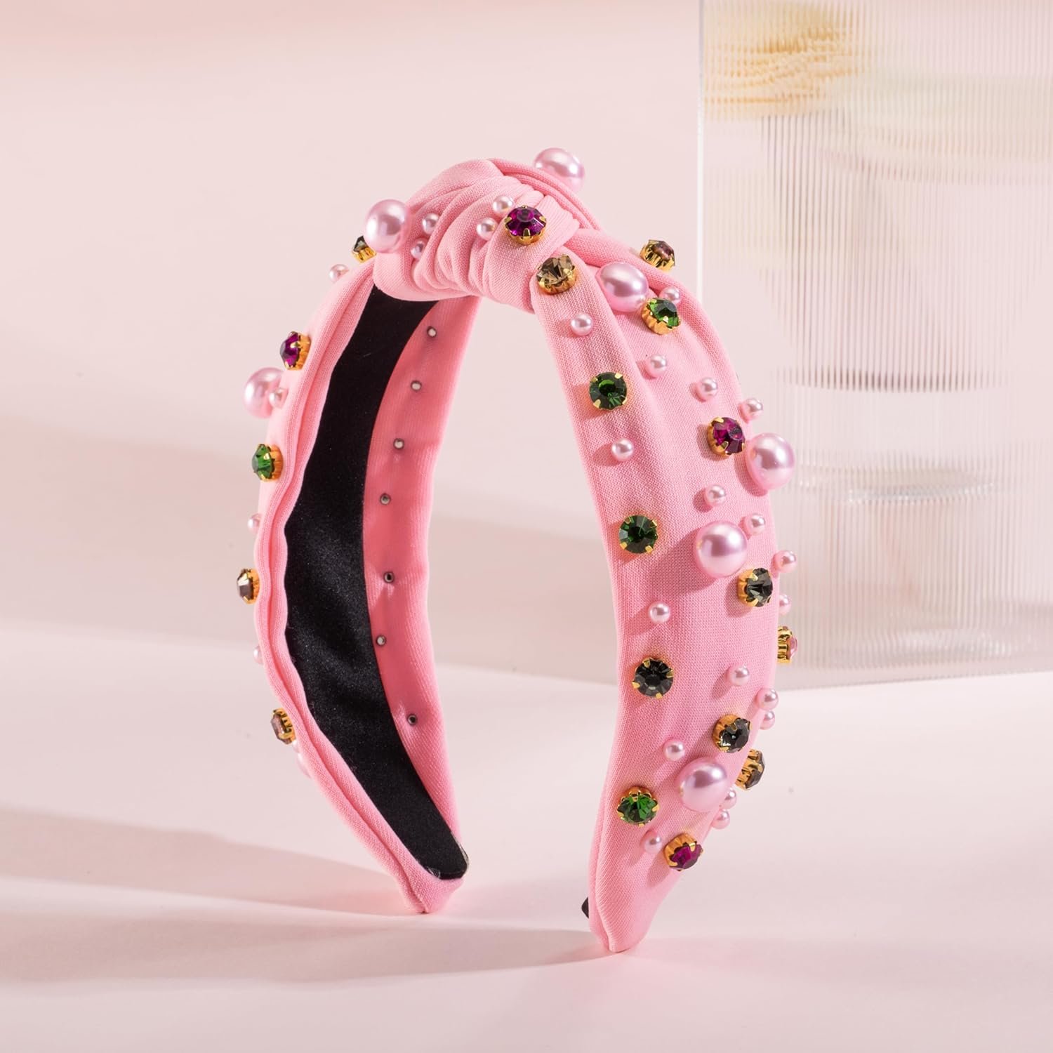 Valentine’s Day Pearl Headband for Women Holiday Red Pink Crystal Jeweled Knotted Headband Pink Wide Top Knot Headband Valentine’s Day Hair Accessories Gifts (Valentine-pearl Pink) - Image 4