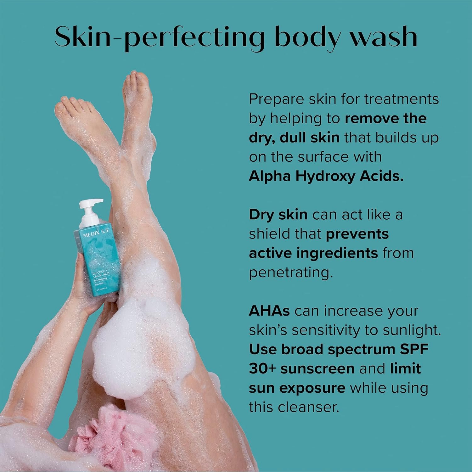 Medix 20% Glycolic Acid Booster + Exfoliating Body Wash Cleanser Skin Care 2PC Set | AHA Exfoliant Body Wash + Body Serum Both Refine + Soften Dead Dry Skin, Bumps, Wrinkles, & Fine Lines, Bundle - Image 3