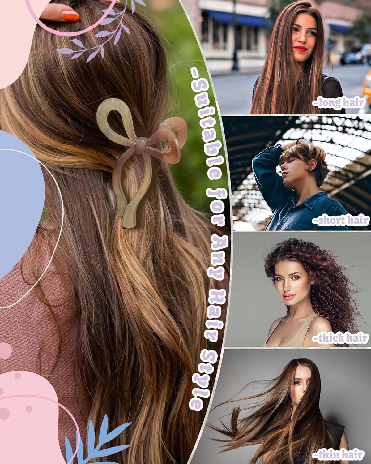 4 PCS Bow Hair Clips Bow Claw Clip for Women Nonslip Large Hair Claw Clips for Thin and Thick Hair Strong Hold Hair Bows (Light Brown+Light Pink+Khaki+Gray) - Image 7