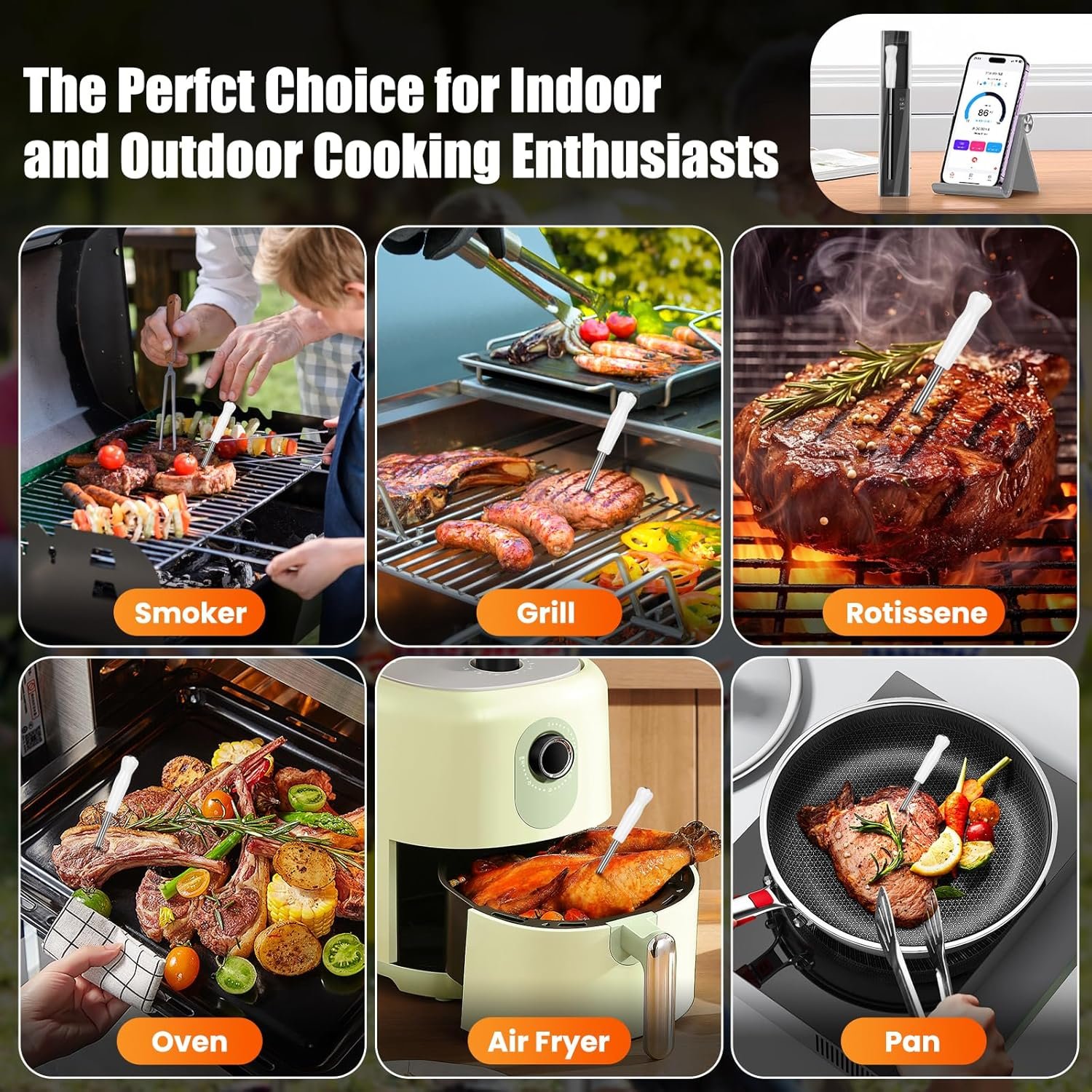 Portable Smart Wireless Meat Thermometer with Bluetooth & Multifunctional APP-Enabled, 500FT Bluetooth Meat Thermometer for Kitchen Cooking BBQ, Smoker, Rotisserie, Gas Oven, Grill - Image 6