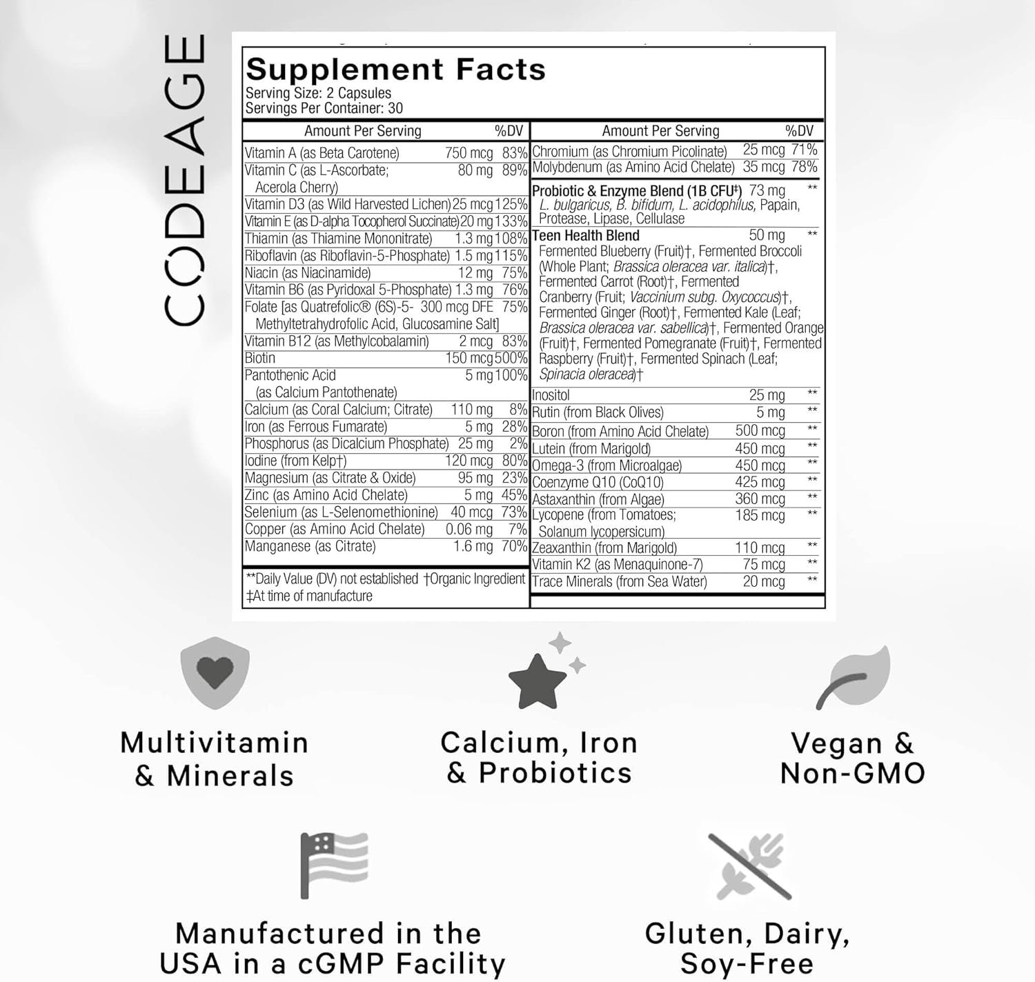 Codeage Teen’s Daily Multivitamin Supplement, 25+ Vitamins & Minerals for Teenage Boys & Girls, Organic Whole Foods Vitamins for Teenagers, Vitamin A, B, C, D, E, K, Omega-3, 60 Ct - Image 3
