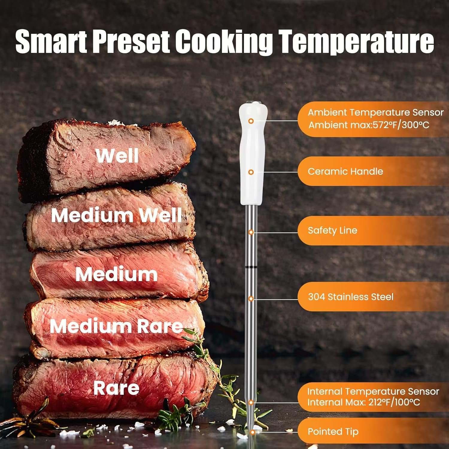 Portable Smart Wireless Meat Thermometer with Bluetooth & Multifunctional APP-Enabled, 500FT Bluetooth Meat Thermometer for Kitchen Cooking BBQ, Smoker, Rotisserie, Gas Oven, Grill - Image 4