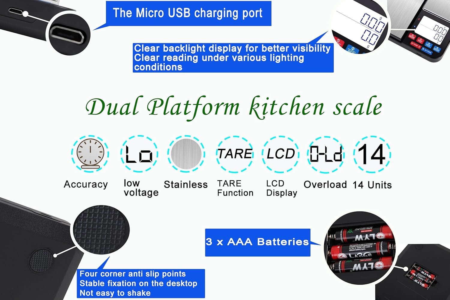 11lb & 17.6oz Rechargeable Dual Platform Digital Kitchen Scale and Food Scale with Measuring Spoons, Precision Capacity (0.1g/0.01g),Stainless Steel, 7 Units, for Baking Cooking Food Weighing - Image 4