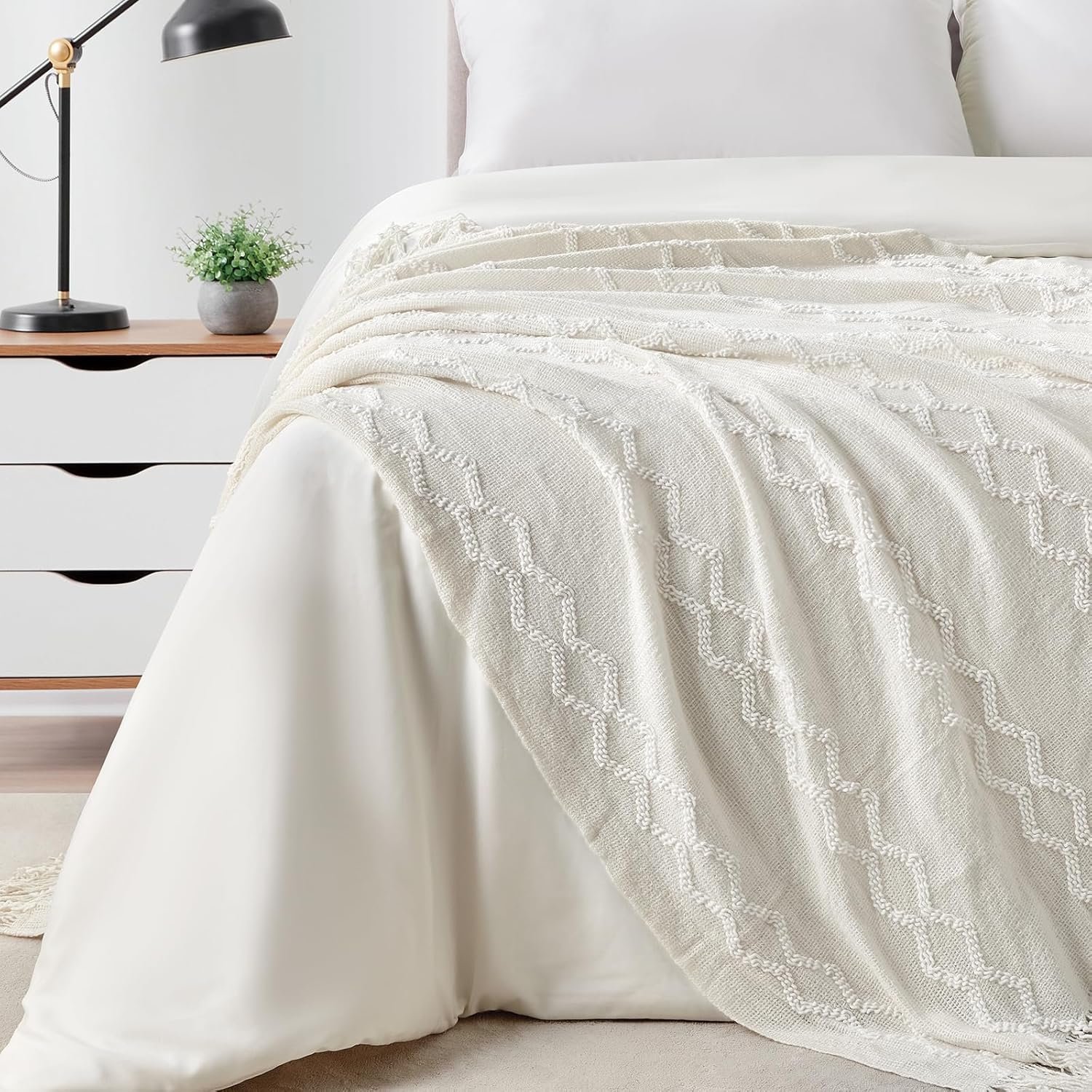 BOURINA Fluffy Chenille Knitted Fringe Throw Blanket Lightweight Soft Cozy for Bed Sofa Chair Throw Blankets, Off White 50" x 60" - Image 5