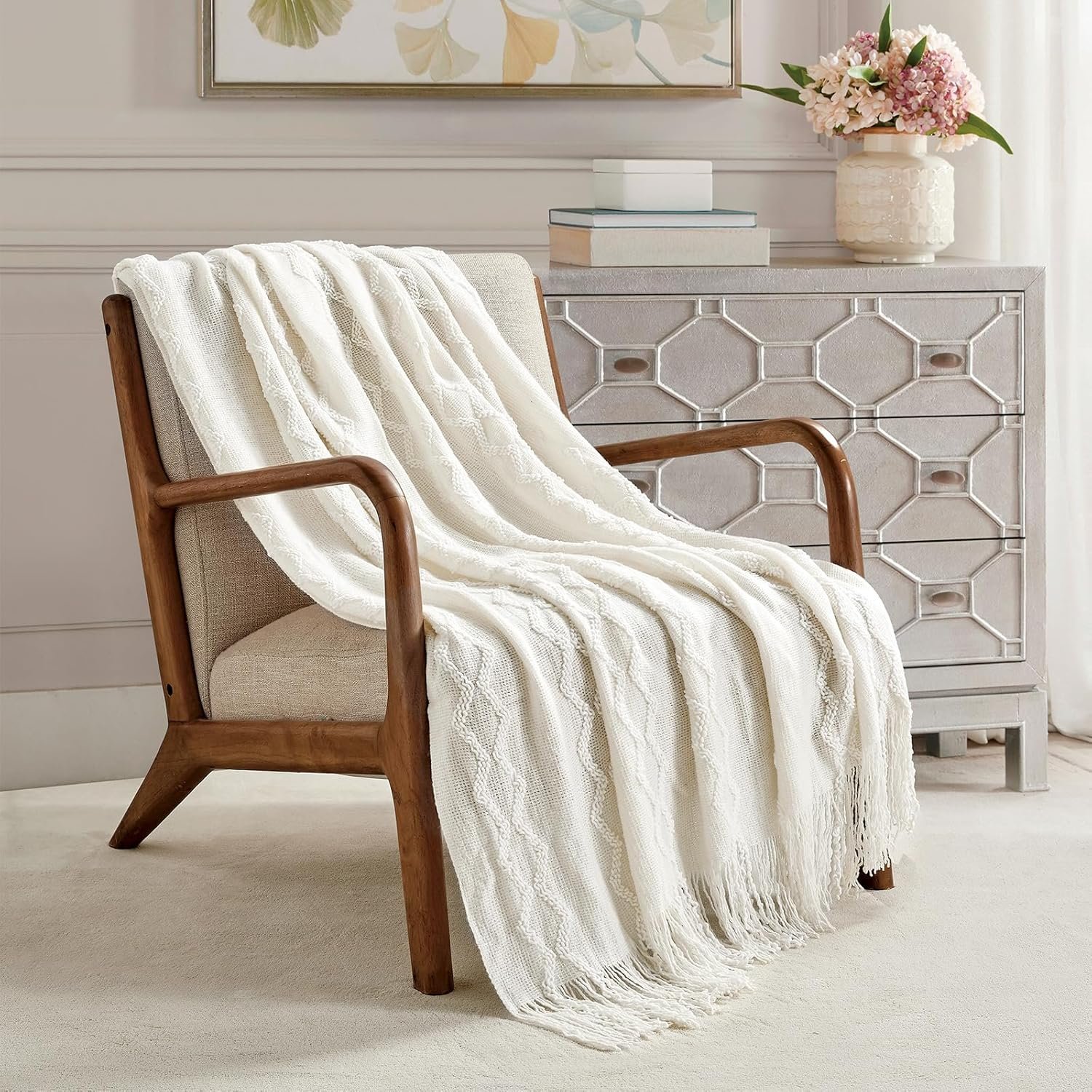 BOURINA Fluffy Chenille Knitted Fringe Throw Blanket Lightweight Soft Cozy for Bed Sofa Chair Throw Blankets, Off White 50" x 60" - Image 2
