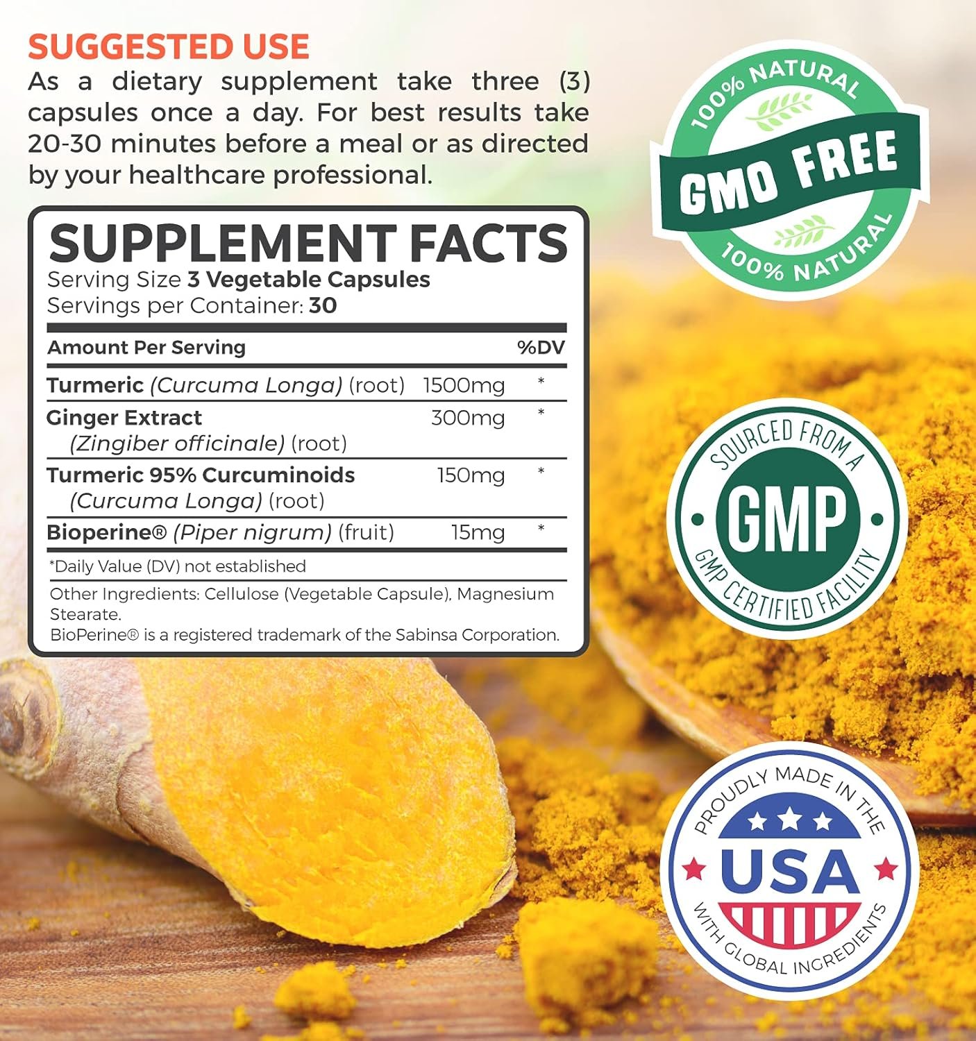 Turmeric and Ginger Supplement (Non-GMO) 1980mg Serving - Turmeric Curcumin with Black Pepper Bioperine, Ginger Extract, and 95% Curcuminoids Powder - Tumeric Joint Support Supplement - 90 Capsules - Image 3