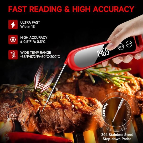 2025 Newest Meat Thermometer Digital-1 Second Instant Read Food Thermometer with Large LED Display-IP67 Waterproof Kitchen Thermometer for Grilling and Cooking for Oven, BBQ, Smoker, Candy, Turkey - Image 4