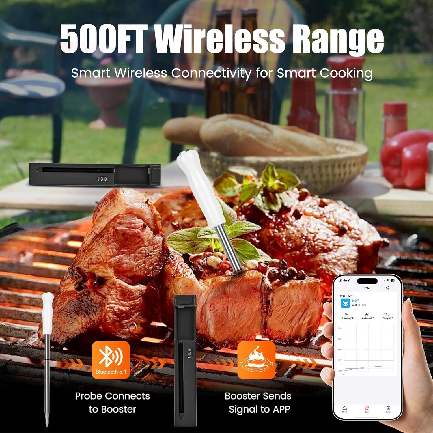 Portable Smart Wireless Meat Thermometer with Bluetooth & Multifunctional APP-Enabled, 500FT Bluetooth Meat Thermometer for Kitchen Cooking BBQ, Smoker, Rotisserie, Gas Oven, Grill - Image 3