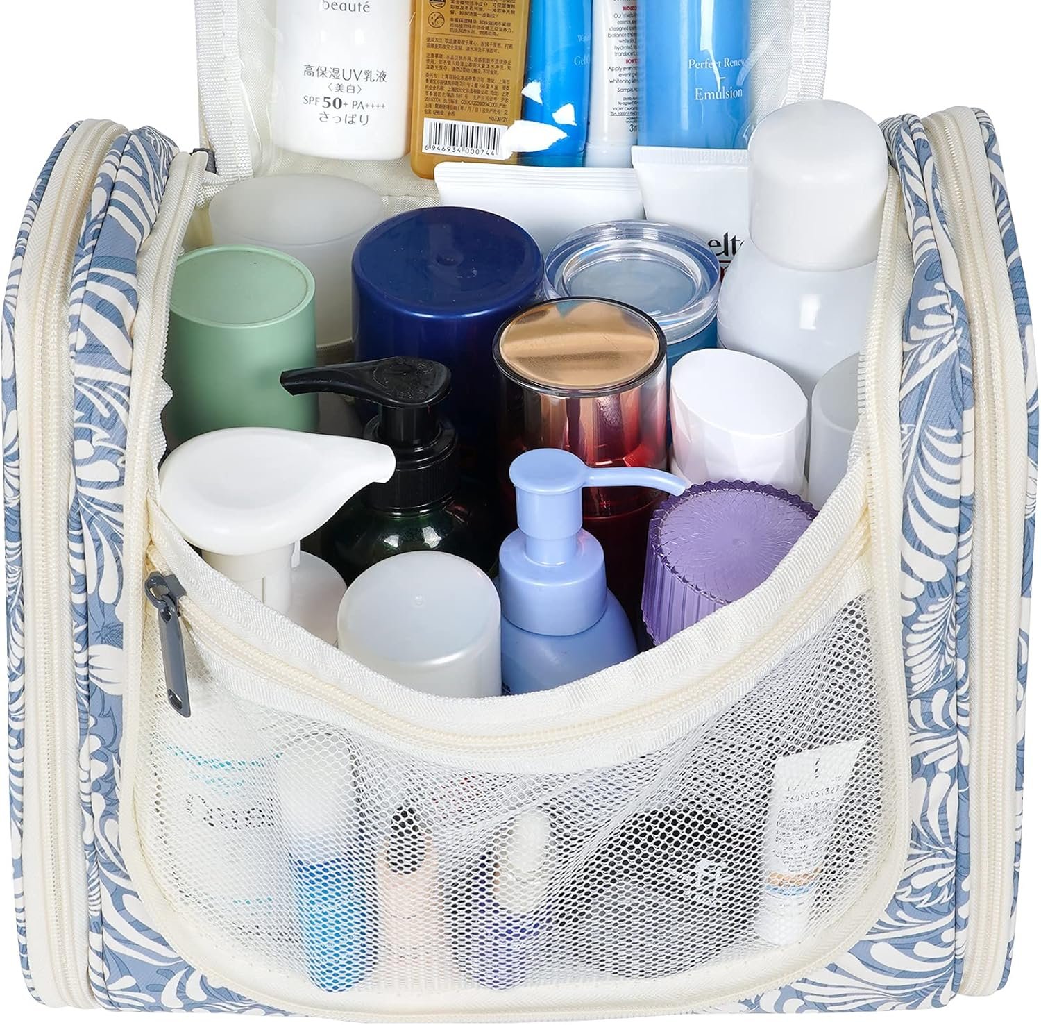 Hanging Toiletry Bag for Women Travel Makeup Bag Organizer Toiletries Bag Men for Cosmetics Essentials Accessories(Large, Blue Leaf) - Image 4