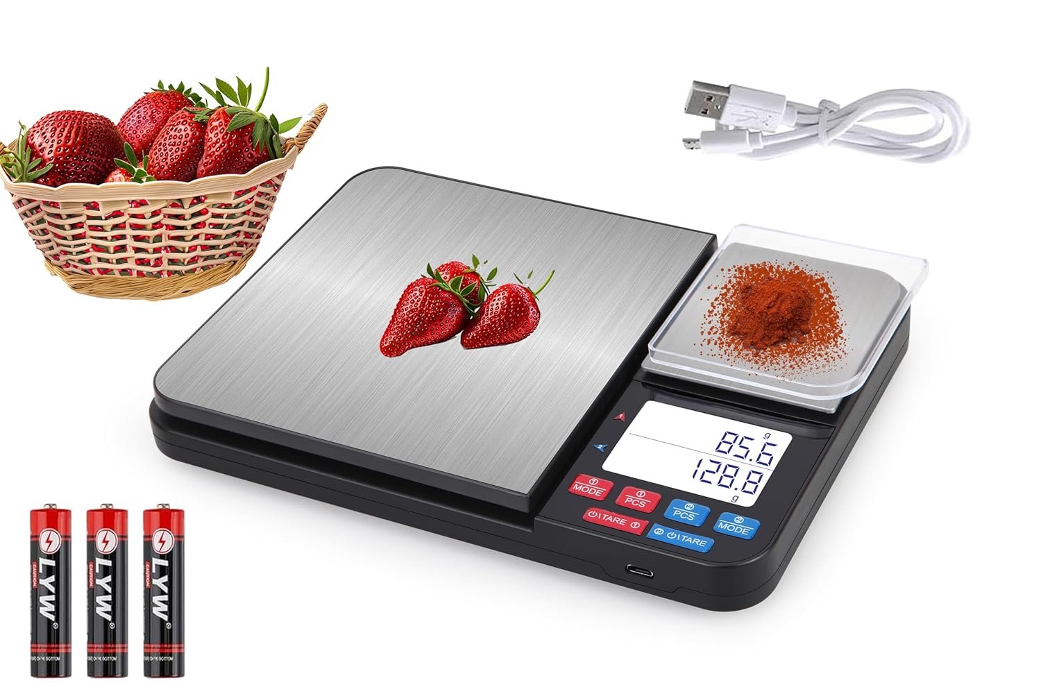 11lb & 17.6oz Rechargeable Dual Platform Digital Kitchen Scale and Food Scale with Measuring Spoons, Precision Capacity (0.1g/0.01g),Stainless Steel, 7 Units, for Baking Cooking Food Weighing - Image 2