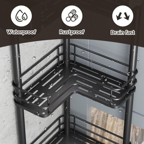 Orimade Rustproof 3 Tier Floor Standing Corner Shower Caddy Organizer with Toothbrush Holder, Large Spacing Floor Shower Shelf Rack Storage Stands with Hooks for Bathroom Kitchen, Black - Image 7