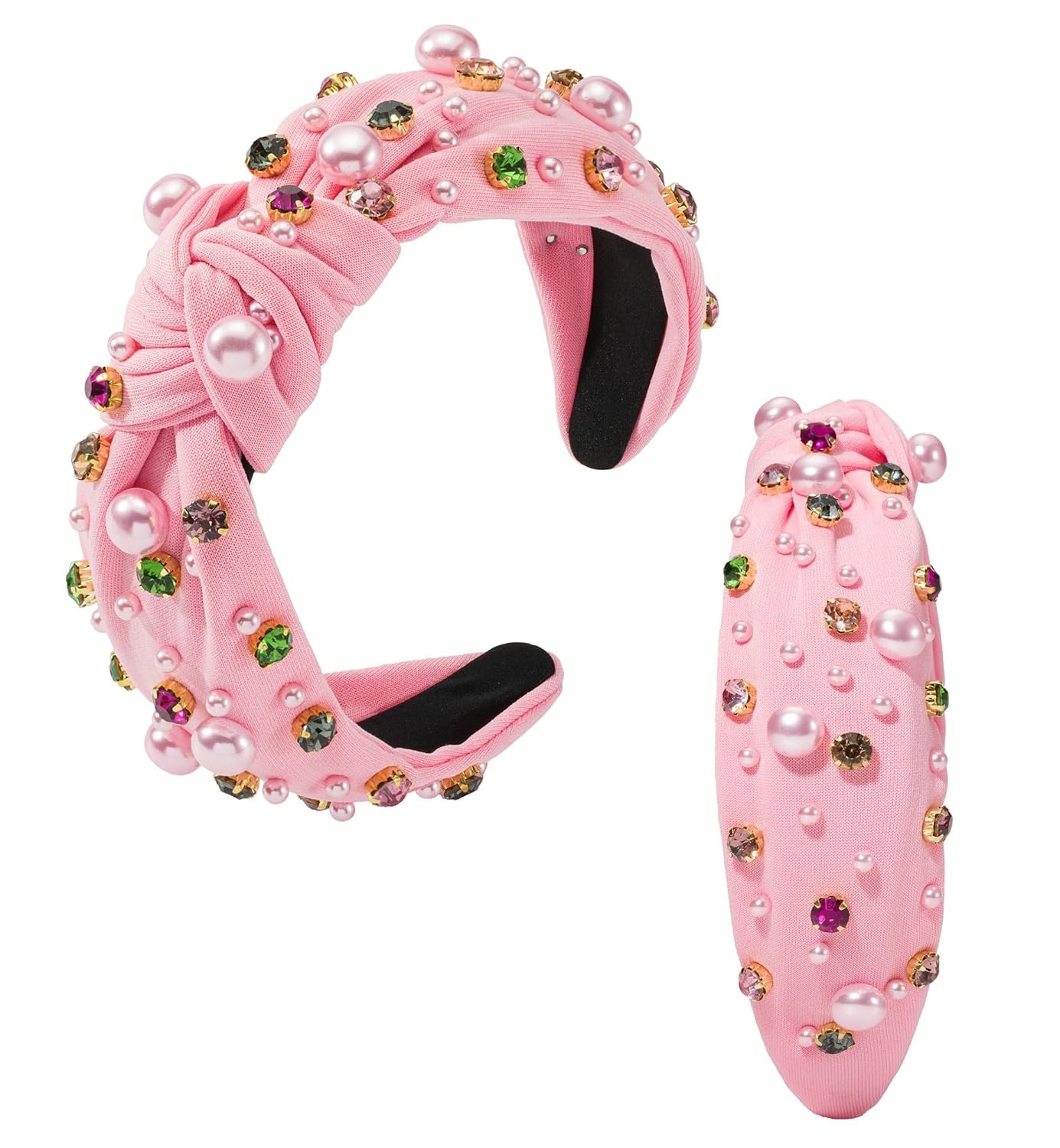 Valentine’s Day Pearl Headband for Women Holiday Red Pink Crystal Jeweled Knotted Headband Pink Wide Top Knot Headband Valentine’s Day Hair Accessories Gifts (Valentine-pearl Pink) - Image 2