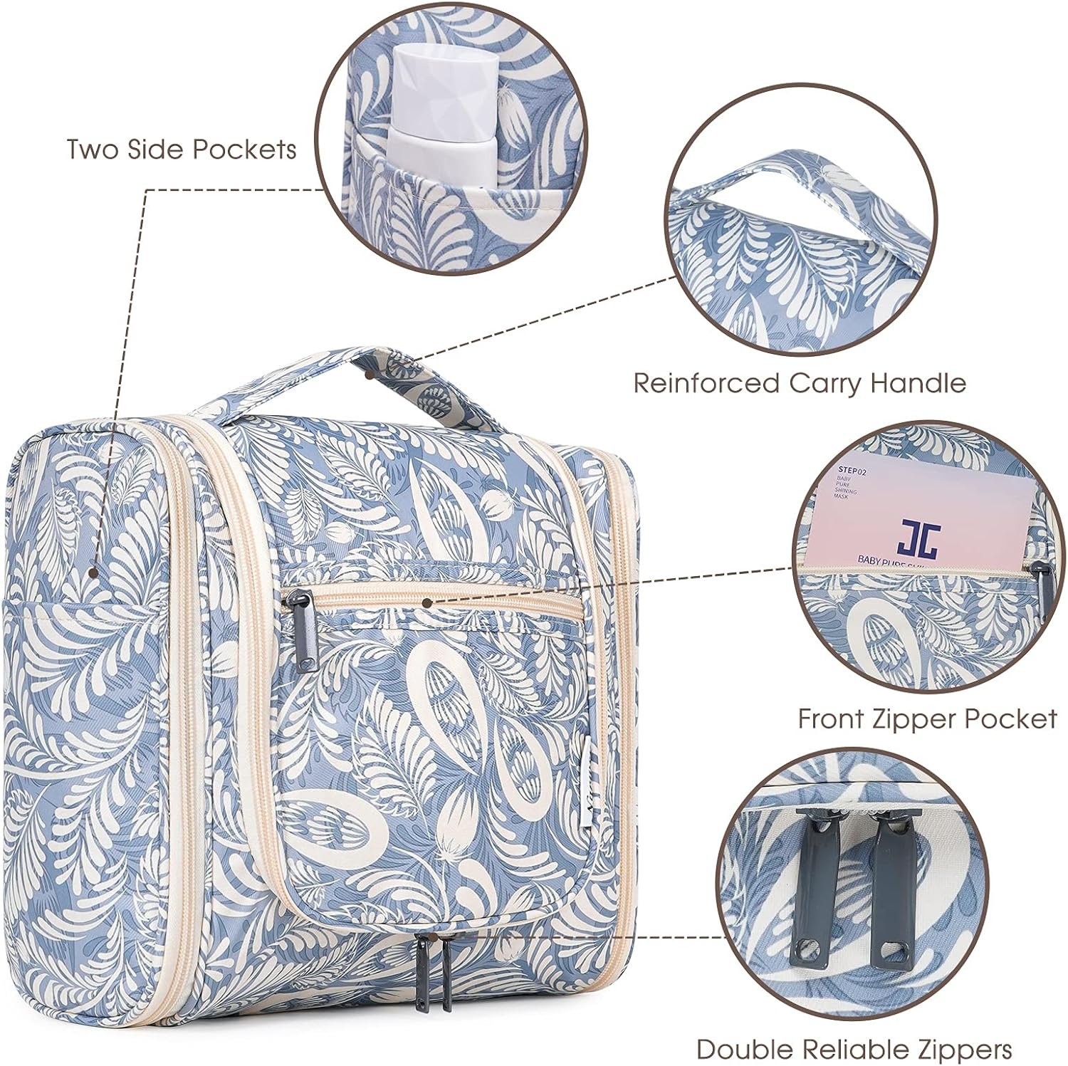 Hanging Toiletry Bag for Women Travel Makeup Bag Organizer Toiletries Bag Men for Cosmetics Essentials Accessories(Large, Blue Leaf) - Image 5