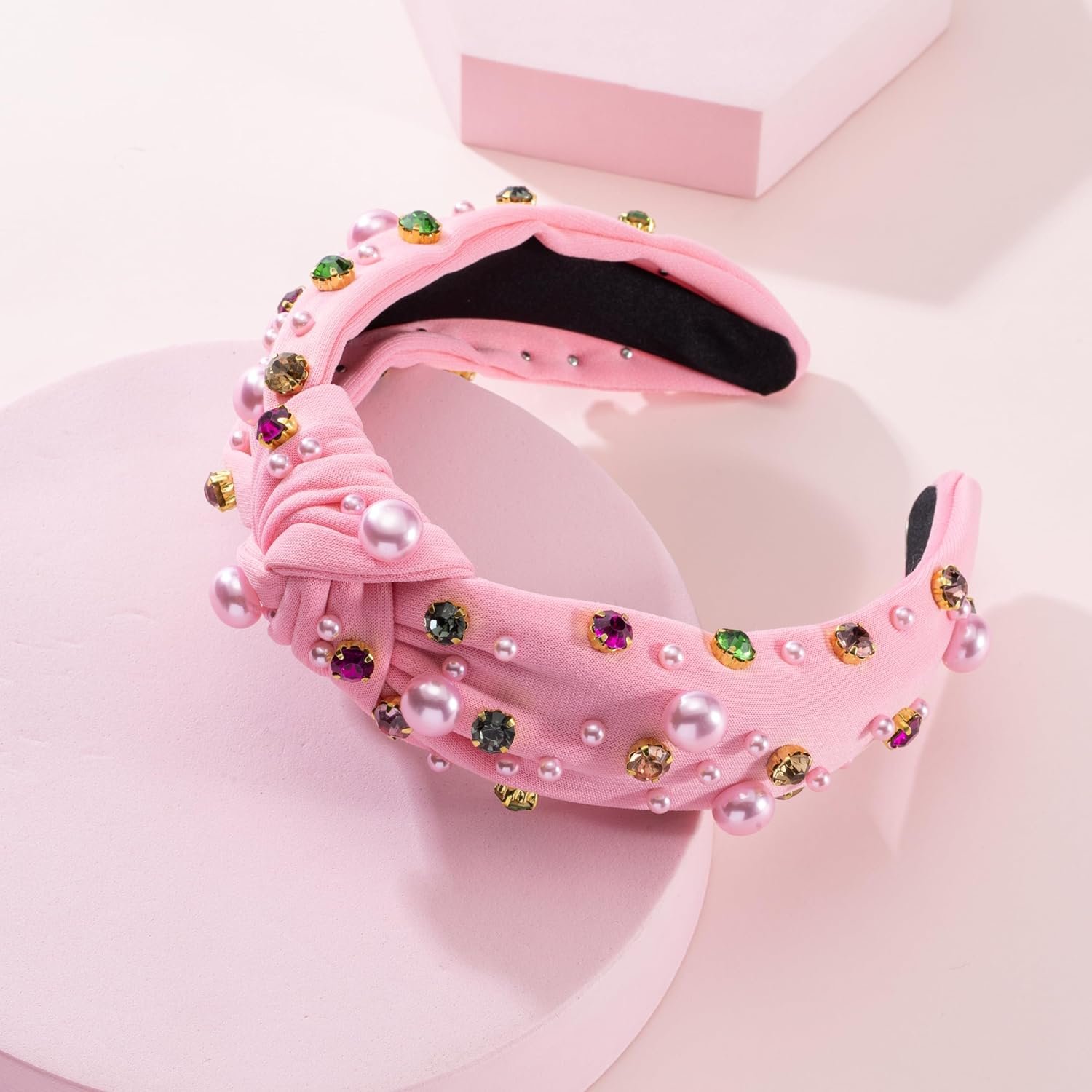 Valentine’s Day Pearl Headband for Women Holiday Red Pink Crystal Jeweled Knotted Headband Pink Wide Top Knot Headband Valentine’s Day Hair Accessories Gifts (Valentine-pearl Pink) - Image 5