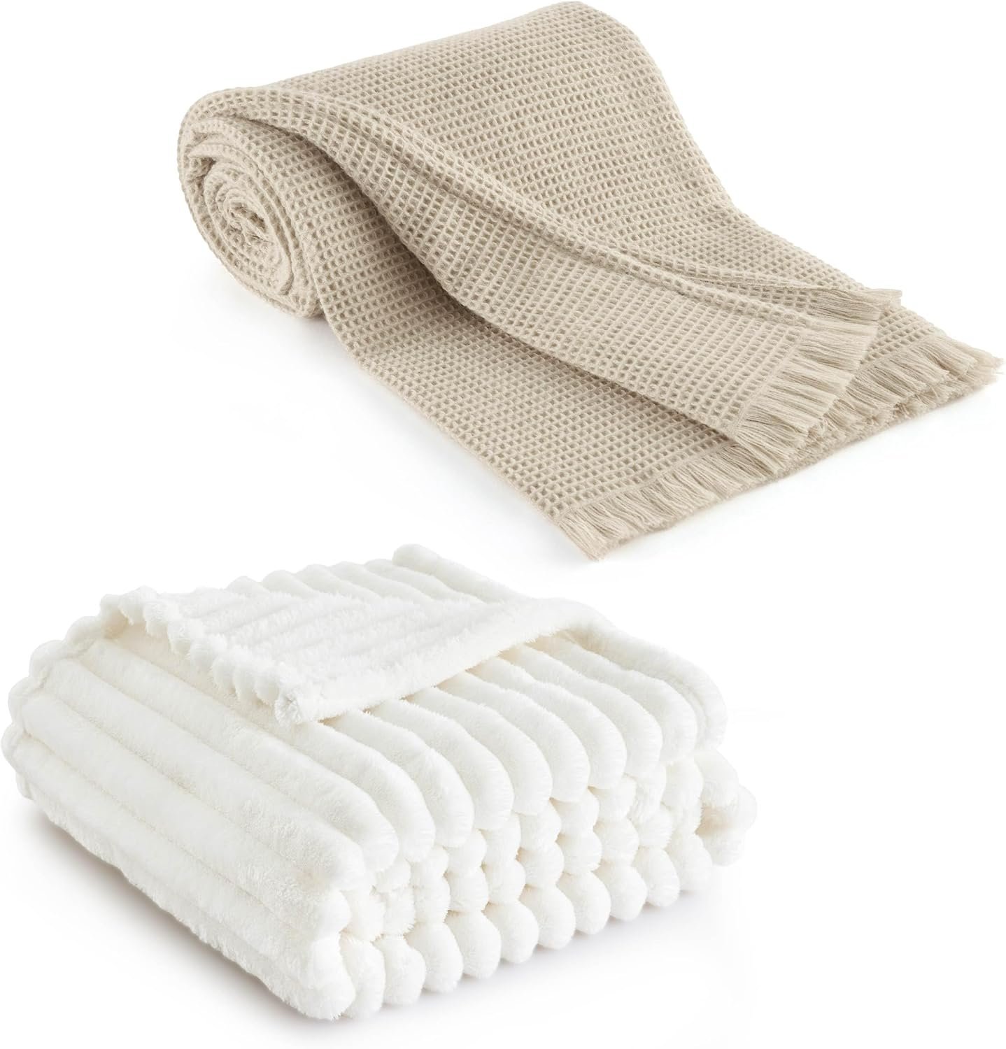 Bedsure Woven Blanket for Couch Oatmeal 50x60 and Fleece Blanket White 60x80 - Image 2