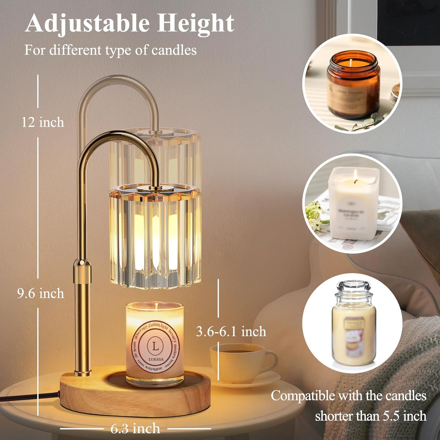 Lukasa Candle Warmer Lamp, with Timer and Dimmer, Adjustable Height, Gifts for Women Mom, House Warming Gifts New Home Decor, Wax Melt Warmer for Scented Jar Candles, with 2 Bulbs - Image 4