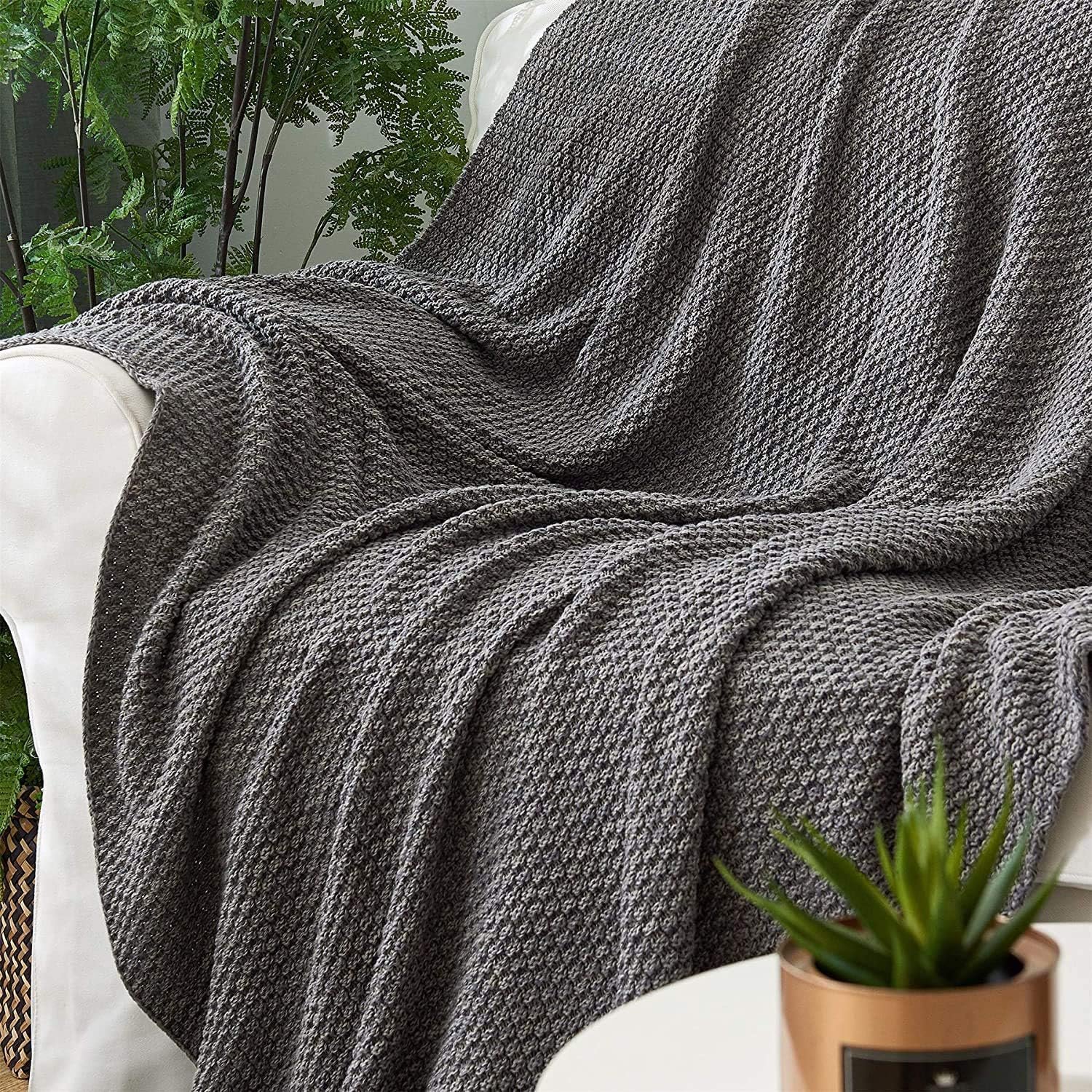 Longhui bedding Grey Knitted Throw Blanket for Couch, Soft, Cozy Machine Washable 100% Cotton Sofa Knit Blankets, Heavy 3.0lb Weight, 51 x 63 Inches, Gray and White Color,Laundry Bag Included - Image 9