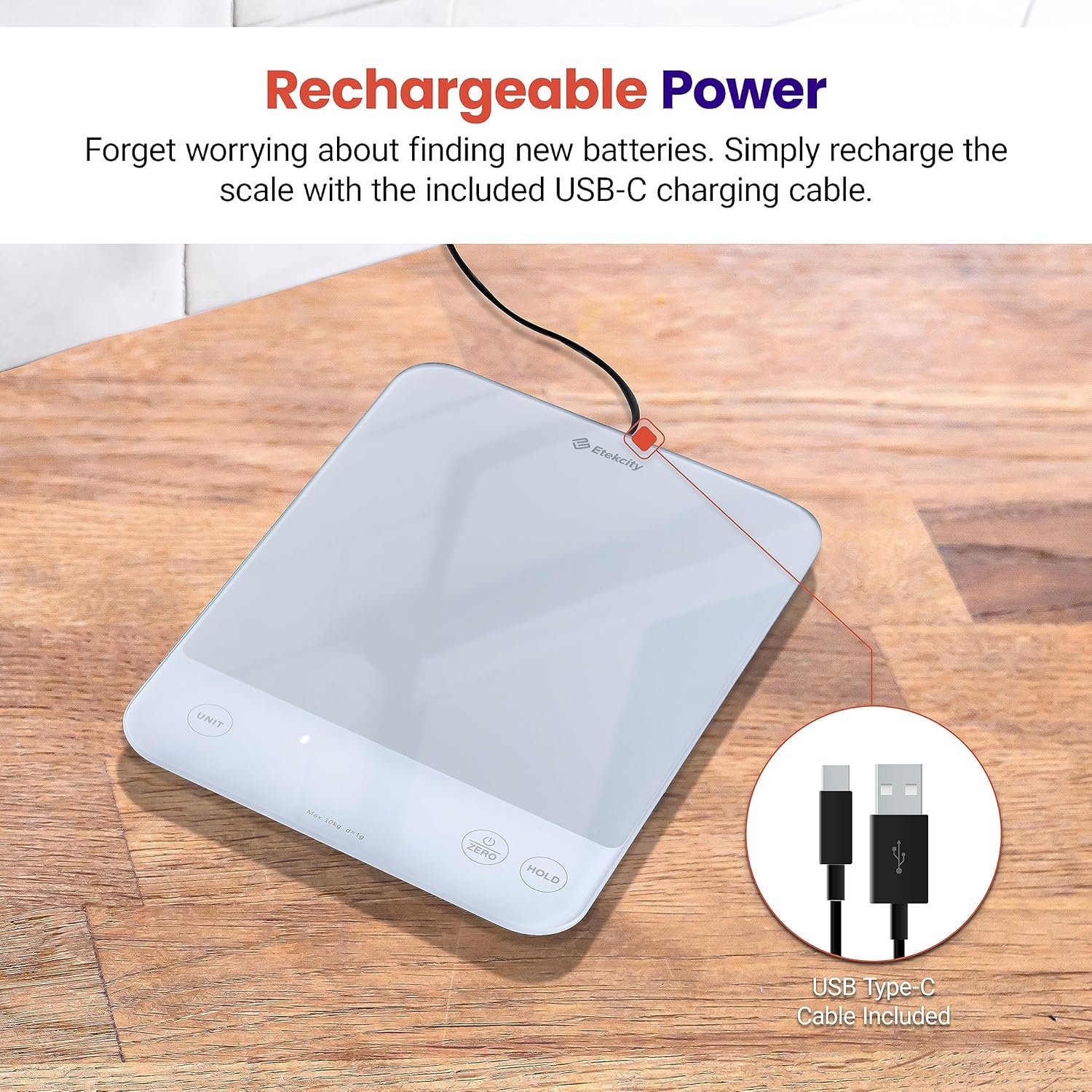 Etekcity Food Kitchen Scale, 22lb Digital Weight Scale Grams and Ounces Rechargeable Waterproof Tool for Weight Loss, Cooking, Baking, Meat, Bread, Large 0.05oz/1g Accuracy - Image 4