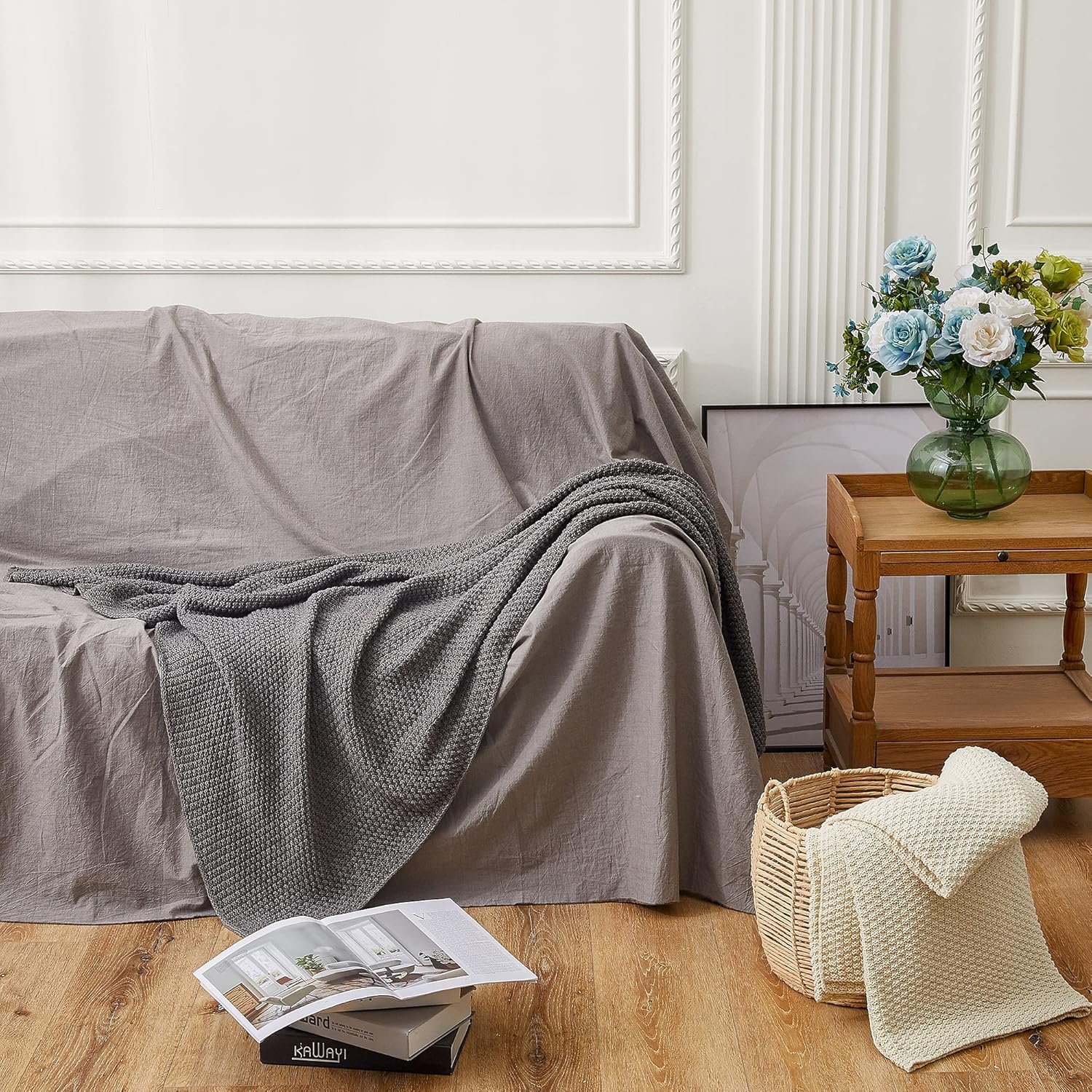 Longhui bedding Grey Knitted Throw Blanket for Couch, Soft, Cozy Machine Washable 100% Cotton Sofa Knit Blankets, Heavy 3.0lb Weight, 51 x 63 Inches, Gray and White Color,Laundry Bag Included - Image 3