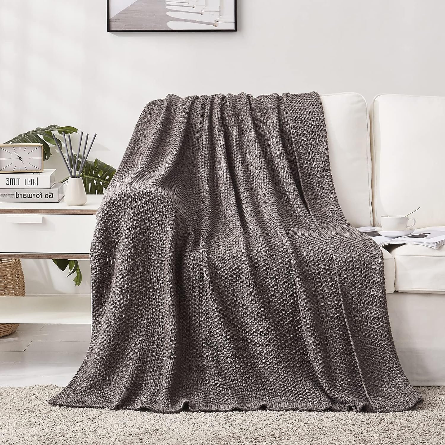 Longhui bedding Grey Knitted Throw Blanket for Couch, Soft, Cozy Machine Washable 100% Cotton Sofa Knit Blankets, Heavy 3.0lb Weight, 51 x 63 Inches, Gray and White Color,Laundry Bag Included - Image 4